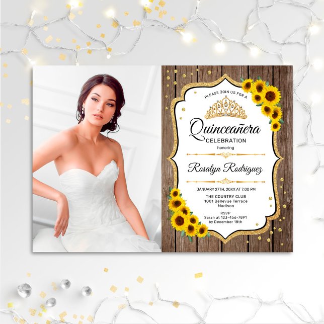 Invitation Quinceanera Party avec photo - Sunflowers Rustic (Créateur téléchargé)