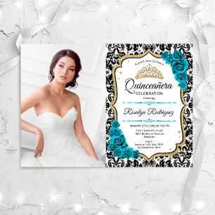 Invitation Quinceanera Party avec photo - Turquoise Gold Blac