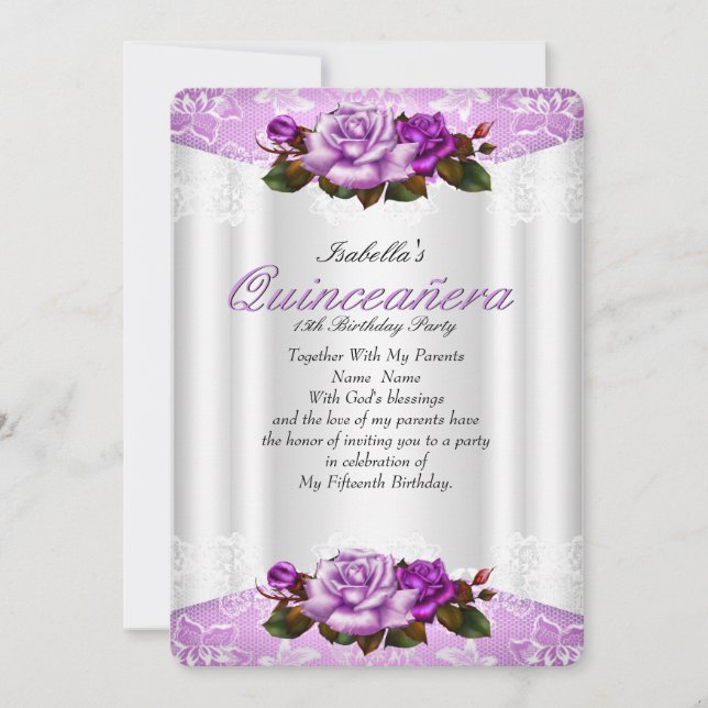 Invitation Quinceanera Party Blanc violet rose roses dentelle (Devant)