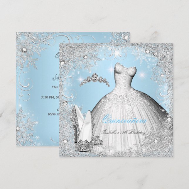 Invitation Quinceanera Party Blue Silver Snowflakes (Devant / Derrière)