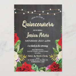 Invitation Quinceanera Party Chalk Red Roses Floral Invitatio