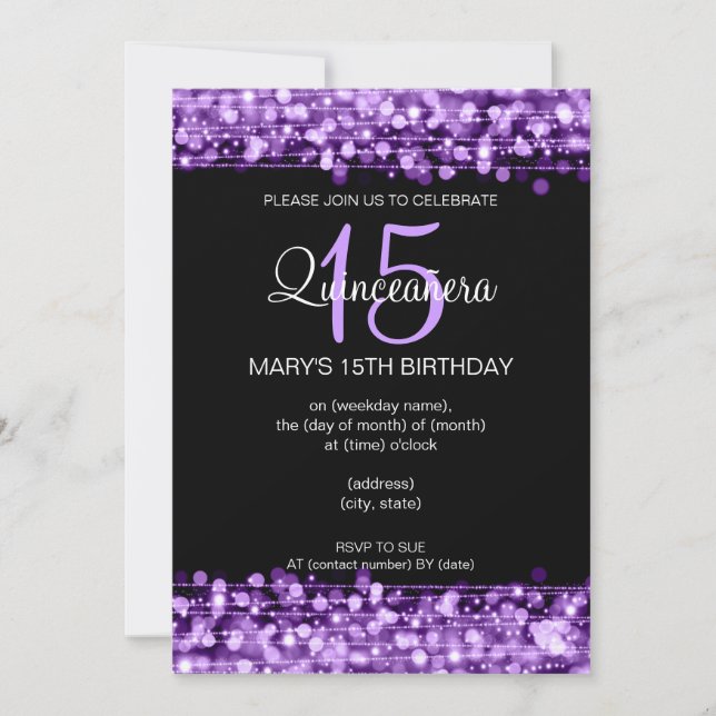 Invitation Quinceañera Party étincelles violettes (Devant)