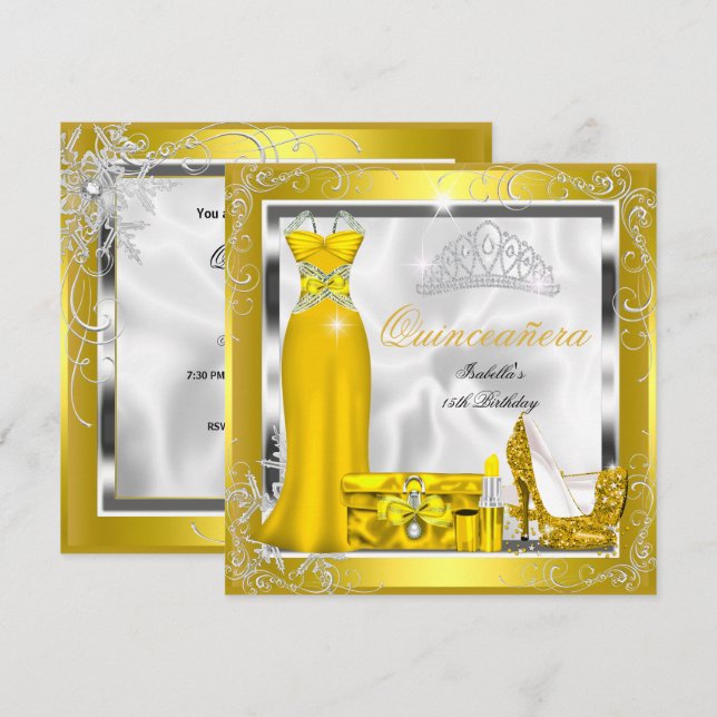 Invitation Quinceanera Party Gold Jaune Robe Argent S5 (Devant / Derrière)