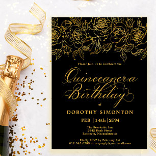 Invitation Quinceanera Party Gold Rose Floral Black