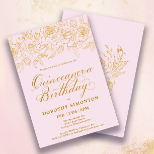 Invitation Quinceanera Party Gold Rose Floral Blush Pink