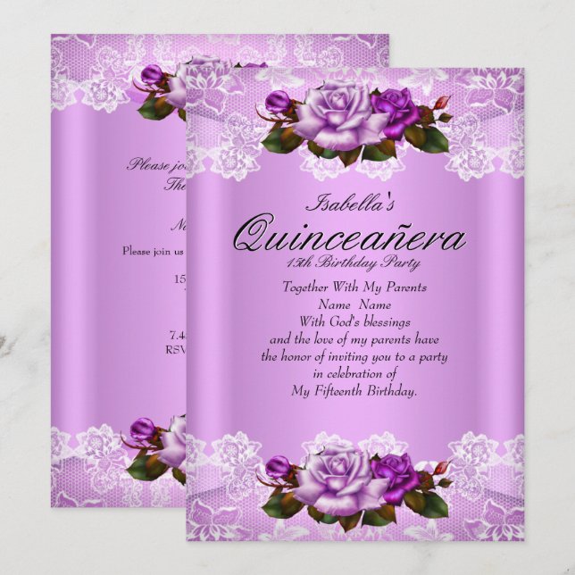 Invitation Quinceanera Party Lilac rose violet Roses dentelle (Devant / Derrière)