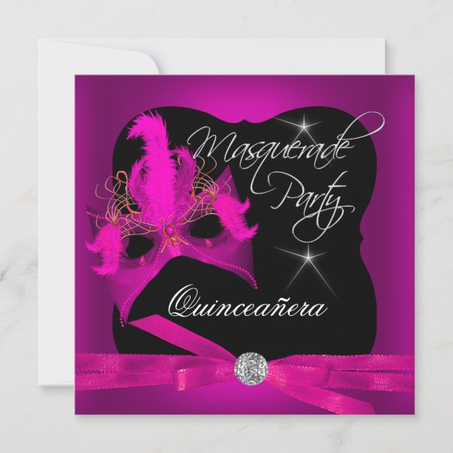 Invitation Quinceanera Party Masquerade rose noir (Devant)