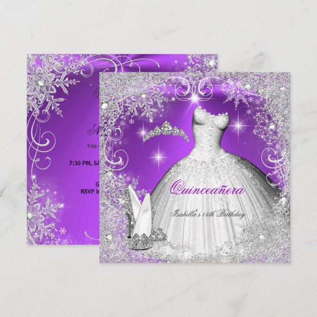 Invitation Quinceanera Party Purple Silver Snowflakes hiver (Devant / Derrière)