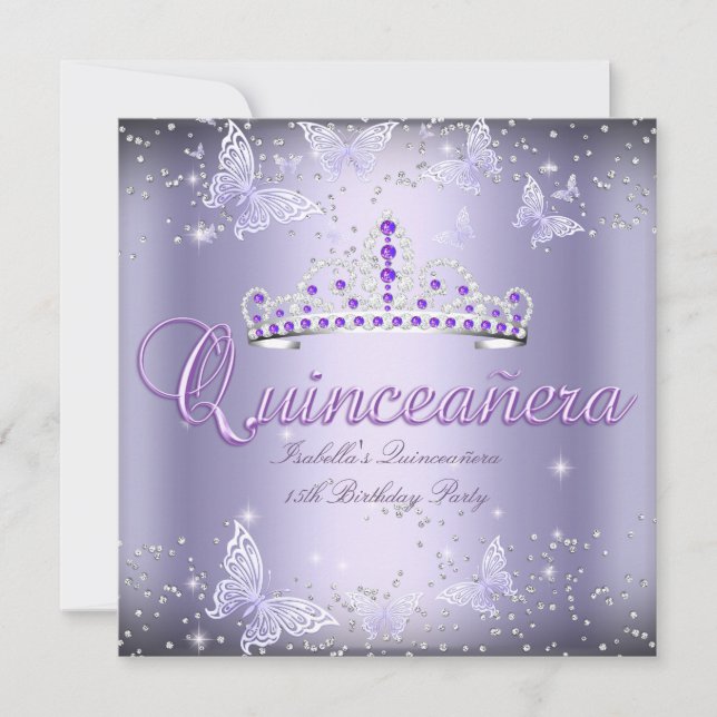 Invitation Quinceanera Party Purple Tiara Butterfly 2 (Devant)