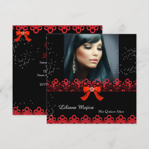 Invitation Quinceanera Party Red Lace Jewel Bow 2