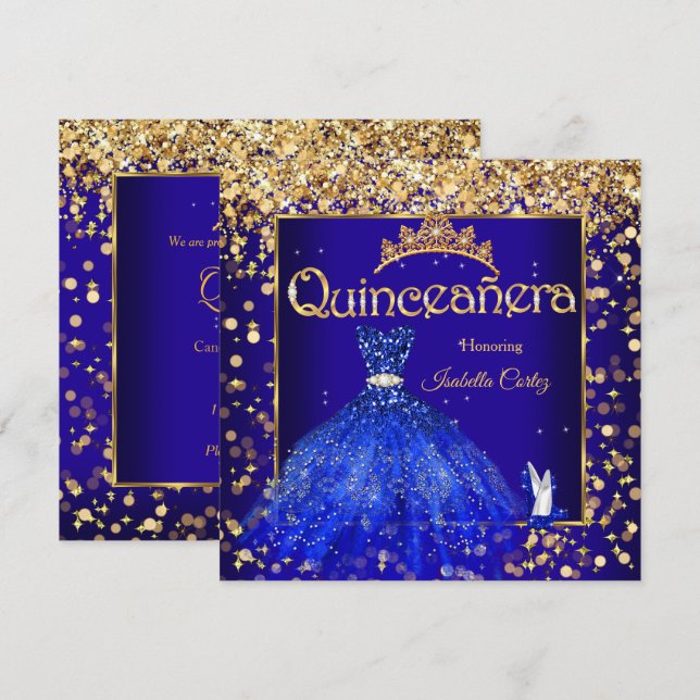 Invitation Quinceañera Party Robe Bleue Royale Hauteur talon (Devant / Derrière)