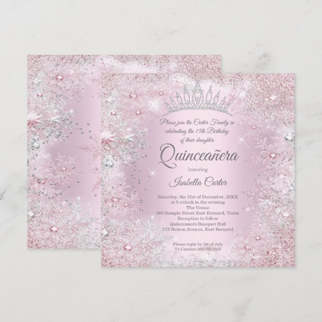 Invitation Quinceanera Party rose argent hiver Wonderland (Devant / Derrière)