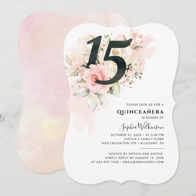 Invitation Quinceanera Party rose florale 15e anniversaire (Devant / Derrière)
