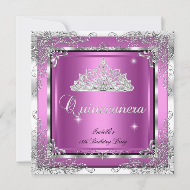 Invitation Quinceanera Party rose Silver Diamond Tiara (Devant)