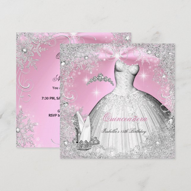 Invitation Quinceanera Party rose Silver Hiver flocons (Devant / Derrière)