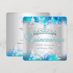 Invitation Quinceanera Party rose Turquoise Bleu Tiara Papill