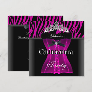 Invitation Quinceanera Party rose Zebra noir Tiara Corset