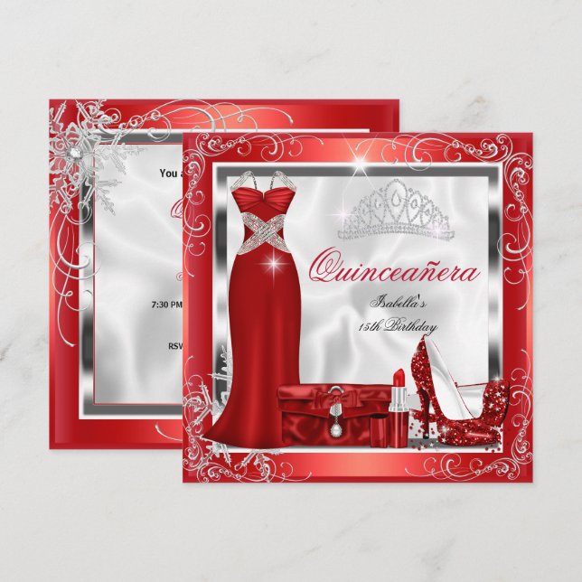 Invitation Quinceanera Party Rouge Robe Argent talons S5 (Devant / Derrière)