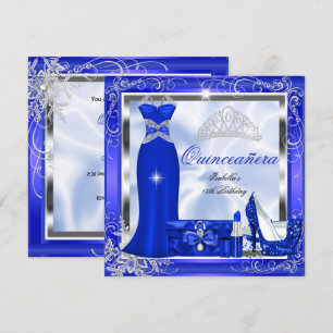 Invitation Quinceanera Party Royal Blue Silver Robe talons S5