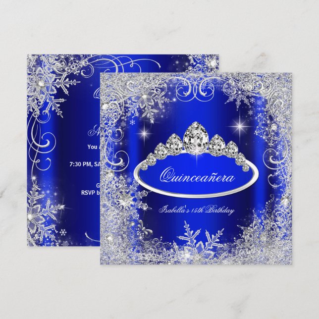 Invitation Quinceanera Party Royal Blue Silver Snowflakes (Devant / Derrière)