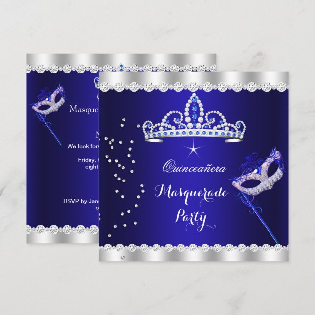 Invitation Quinceanera Party Royal Blue Tiara Masquerade (Devant / Derrière)