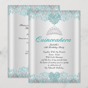 Invitation Quinceanera Party Turquoise Blue Hearts Lace Tiara