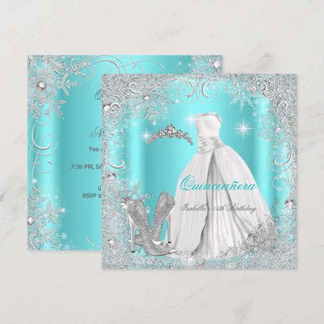 Invitation Quinceanera Party Turquoise Blue Silver Snowflakes (Devant / Derrière)