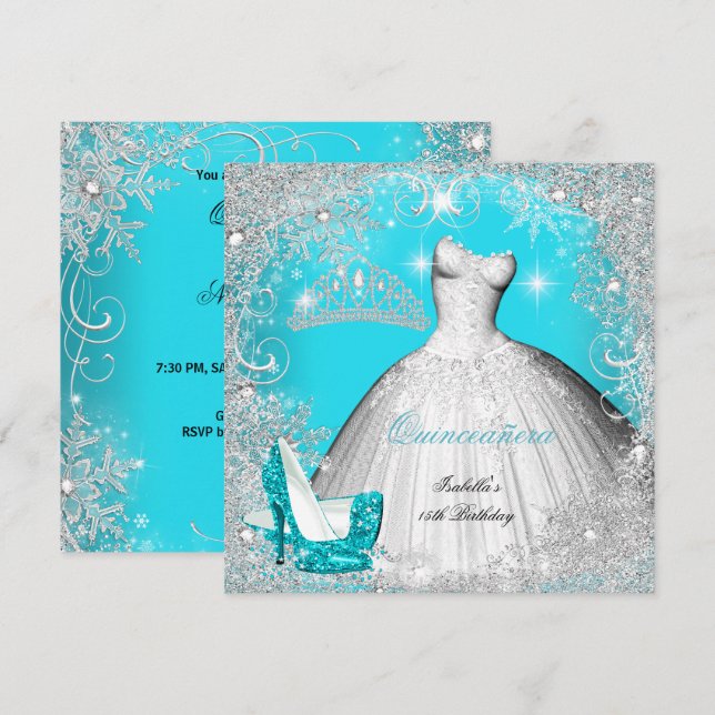 Invitation Quinceanera Party Turquoise Blue Silver Snowflakes (Devant / Derrière)