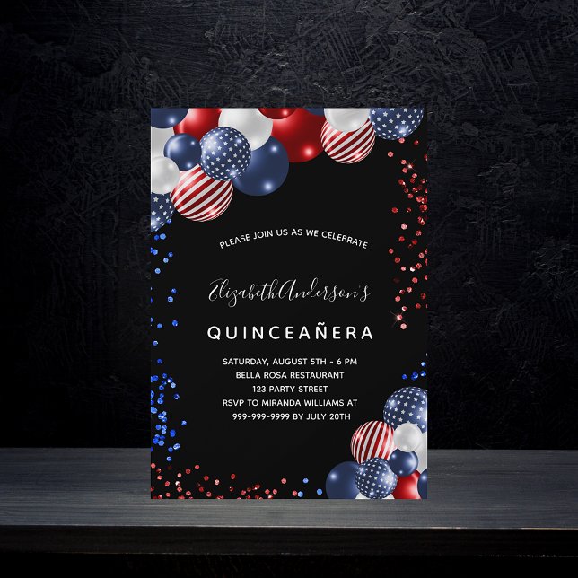 Invitation Quinceanera patriotique noir rouge bleu blanc ball (Créateur téléchargé)