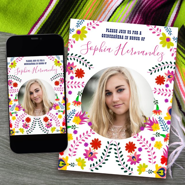 Invitation Quinceanera Photo Fête mexicaine Blanc (Quinceanera Invitation with photo from my Mexican Fiesta Party collection)