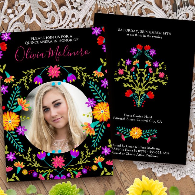 Invitation Quinceanera Photo Fiesta mexicaine Floral Noir (Quinceanera invitation with photo from my Mexican Fiesta Floral collection
)