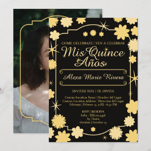 Invitation Quinceanera Photo Florale Rose Gold Argenté Glamou