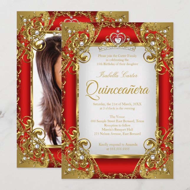 Invitation Quinceanera Photo Red Golden Pearl Tiara Party (Devant / Derrière)