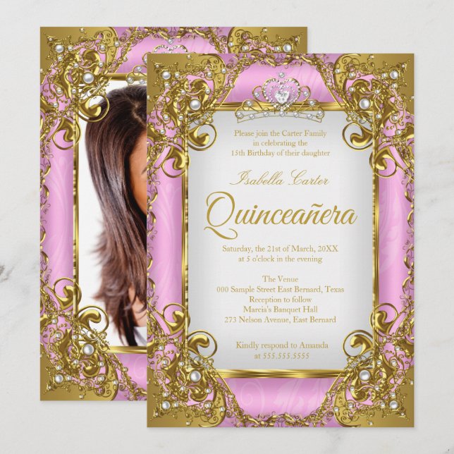 Invitation Quinceanera Photo rose blanc Golden Pearl Tiara (Devant / Derrière)