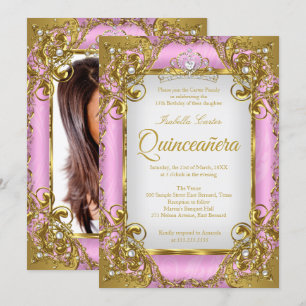 Invitation Quinceanera Photo rose blanc Golden Pearl Tiara