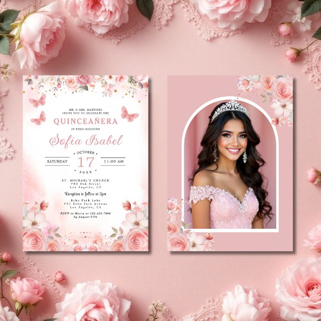 Invitation Quinceañera Photo Rose rose pâle Floral (Créateur téléchargé)
