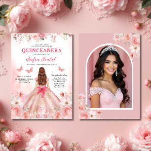 Invitation Quinceañera Photo Rose rose pâle Floral