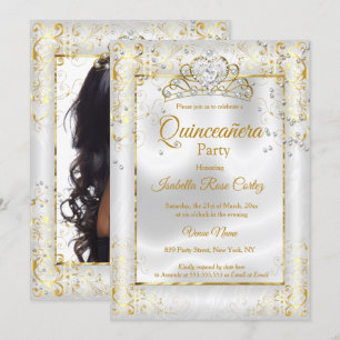 Invitation Quinceanera photo White Gold Tiara Diamond Heart