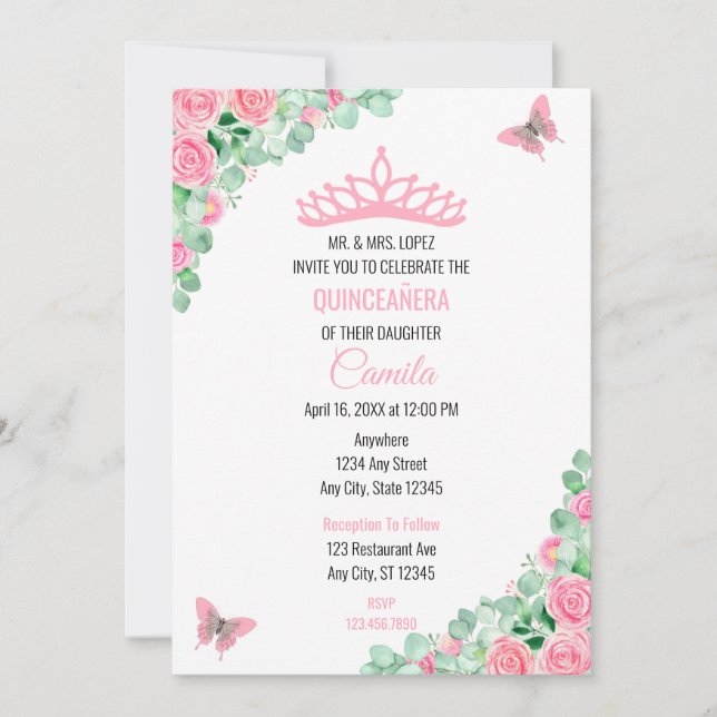 Invitation Quinceañera Pink Floral Butterfly Mis Quince Anos (Devant)