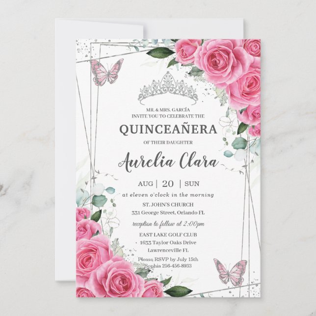 Invitation Quinceañera Pink Fuchsia Floral Papillons en argen (Devant)
