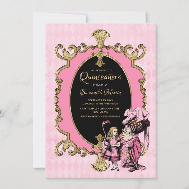 Invitation Quinceanera Pink Gold Alice Au Parti Des Merveille (Devant)