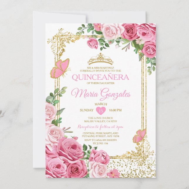 Invitation Quinceañera Pink Gold Crown Butterfly 15 Anos (Devant)