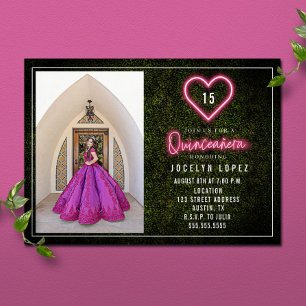 Invitation Quinceañera Pink Neon Lights Boxwood Heart Photo