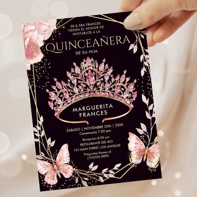 Invitation Quinceañera Pink Tiara Floral Papillon espagnol (Créateur téléchargé)