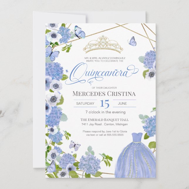 Invitation Quinceañera Princess Blue Garden papillon Tiara (Devant)