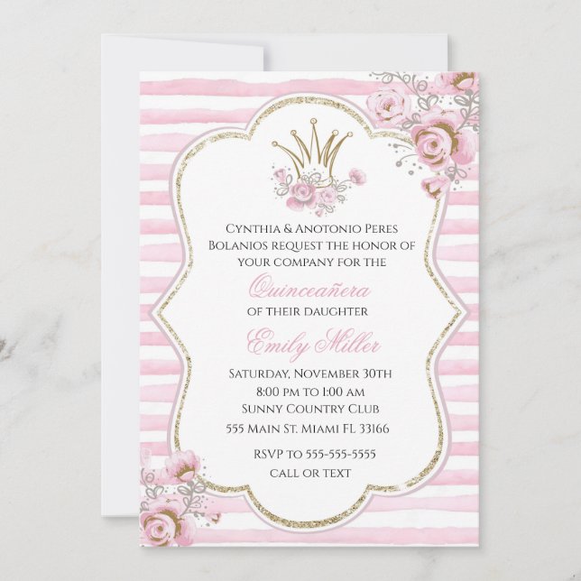 Invitation Quinceañera princess floral rose or (Devant)