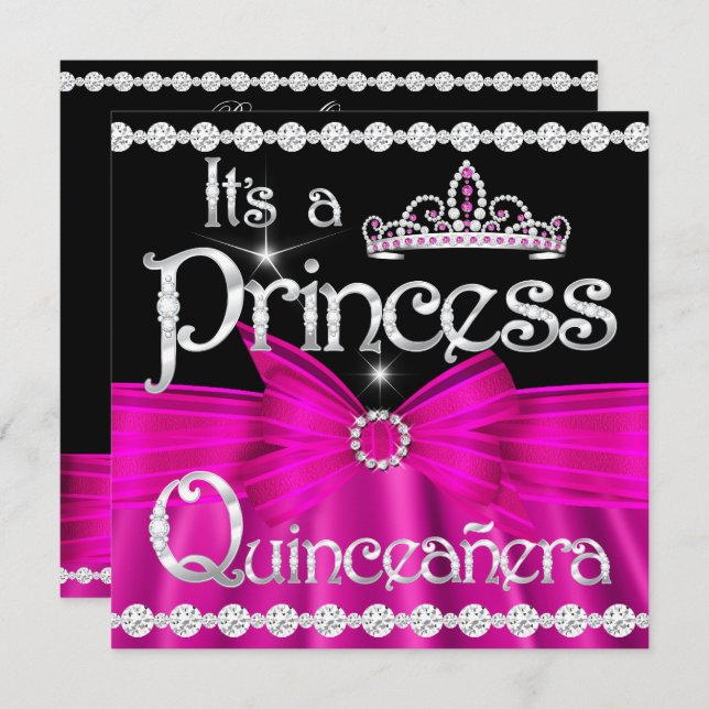 Invitation Quinceanera Princess Hot rose Bow Silver Tiara (Devant / Derrière)