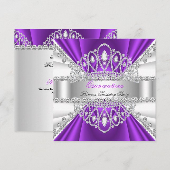 Invitation Quinceanera Princess Purple White Diamond Tiara (Devant / Derrière)