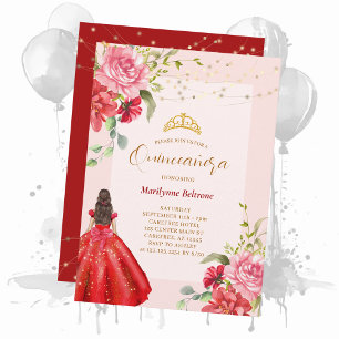 Invitation Quinceañera Princess Red Floral