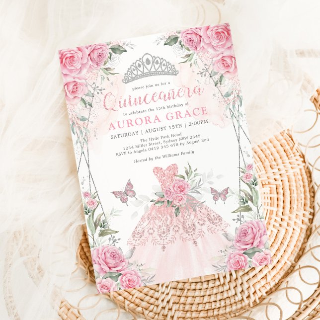 Invitation Quinceañera Princess Robe rose argent floral (Créateur téléchargé)